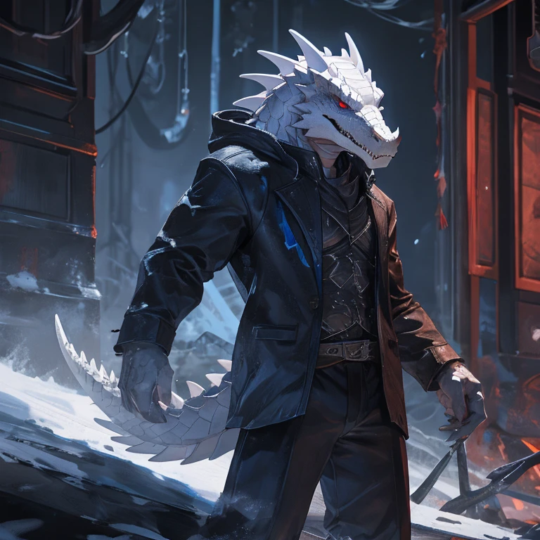 Albino crocodile, solo, muscular, slim, eldery, scary, intimidating, white scales, red reptilian eyes, realistic, long snout, black jacket with metallic blue edges, modern bow, cold, stoic, fierce, full body