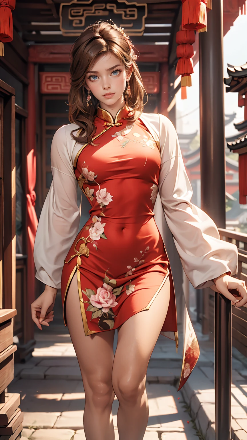 Browsing Caution, 8K Raw Photos, highest quality, masterpiece, Ultra-high resolution, View Viewer, (Long brown hair:1.2), Natural skin texture, Realistic eye and facial details, Rouge (compensate), Fuller lips, Lips parted, lipstick, beautiful feet, Tall Woman, skinny, slim_feet, thigh_gap, model, Medium chest, Chinese style courtyard, Outdoor, China dress,