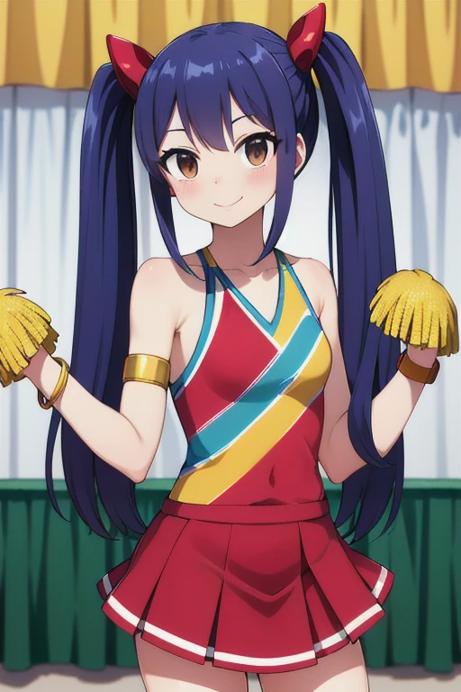 masterpiece, highest quality, High resolution, Arwendy, Long Hair, Twin tails, hair ornaments, Exposing shoulders, 
cheerleader,Bracelet, bracelet, at home, Cowboy Shot, smile,