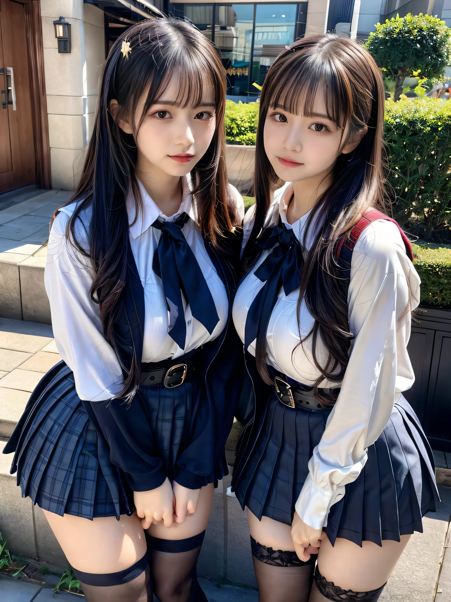 (8K, Raw photography, top-quality, masterpiece:1.2), muster piece, best quality, illustration, Super detailed, fine details, High resolution, 8K,wall paper, perfect dynamic composition,(Details High quality, realistic depiction of eyes:1.3), ((2 girls, 2 schoolgirls)), The background is a luxury hotel room、High school girl uniform、blazer 、Super Short Check Uniform Skirt、Navy blue high socks、garterbelts、Colossal tits、Disturbed uniform, Play with each other,Touching each other's bodies,Touching the body of the girl next door, short bob hair, black hair color, huge breasts, Big Natural Color Lip, bold sexy pose, (perfect body shape), crying a little、cold gaze, Beautiful makeup,glitter makeup,Cutest 18 years old、 beautiful legs, hposing Gravure Idol, Voluptuous thighs