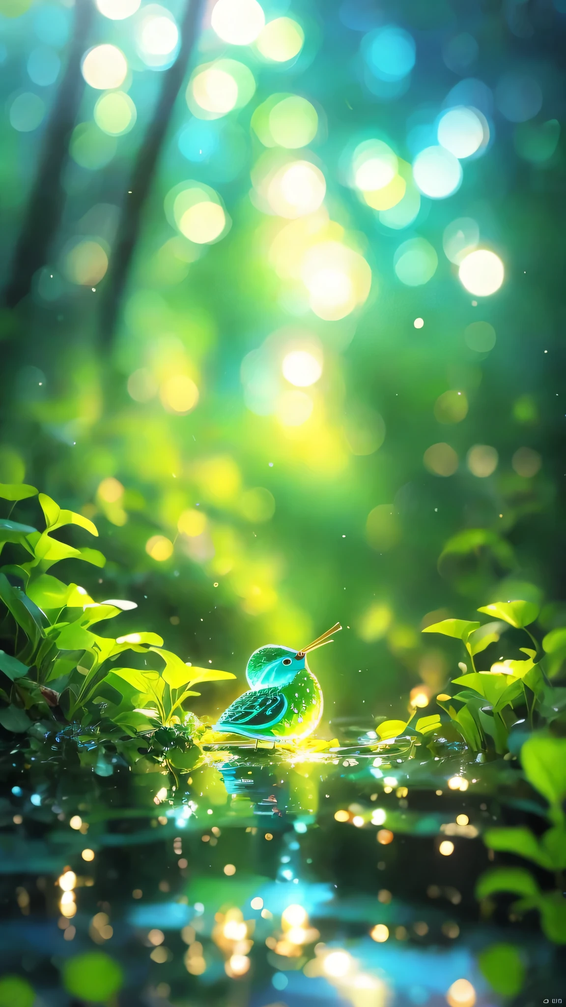 masterpiece, Macro photo of a bird drinking water in the forest, evening, mushroom, Dew Drops, High Contrast, Studio Ghibli style, Very complex, Very detailed, Photorealistic Style