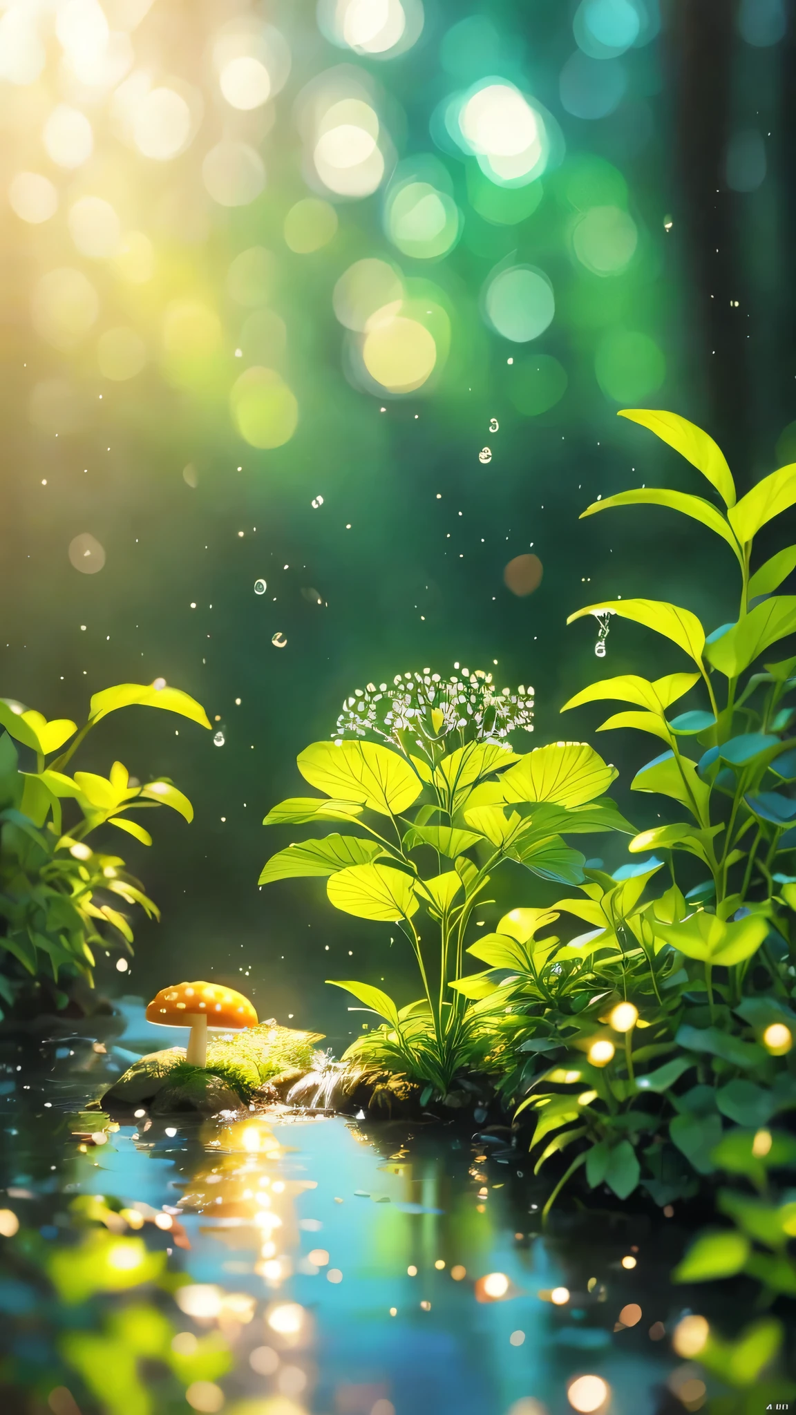 masterpiece, Macro photo of a bird drinking water in the forest, evening, mushroom, Dew Drops, High Contrast, Studio Ghibli style, Very complex, Very detailed, Photorealistic Style