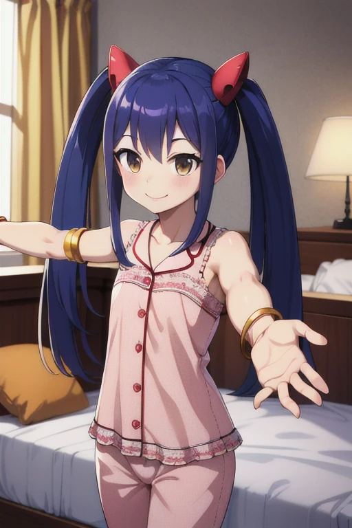 masterpiece, highest quality, High resolution, Arwendy, Long Hair, Twin tails, hair ornaments, Exposing shoulders, pajamas,Bracelet, bracelet, Bedroom, outstretched arms, Cowboy Shot, smile,