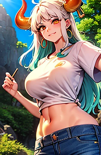 masterpiece, ((ultra detailed background, delicate pattern, intricate detail)), (highly detailed, fine details), best quality,beautiful lighting, (((medium breasts, slim girl, very slim girl))), (close-up, portrait), YamatoV2, long hair, 1girl, horns, white hair, solo, oni, red horns, curled horns, hair ornament, (multicolored horns), jewelry, earrings, jeans, t-shirt, round neck, outdoors, cowboy shot, hair stick, aqua hair, sidelocks, hoop earrings, hakama, smile, wide smile, ((orange eyes)), complex detailed background, outside, nature environment, rocks, sunny, blue sky, sky,