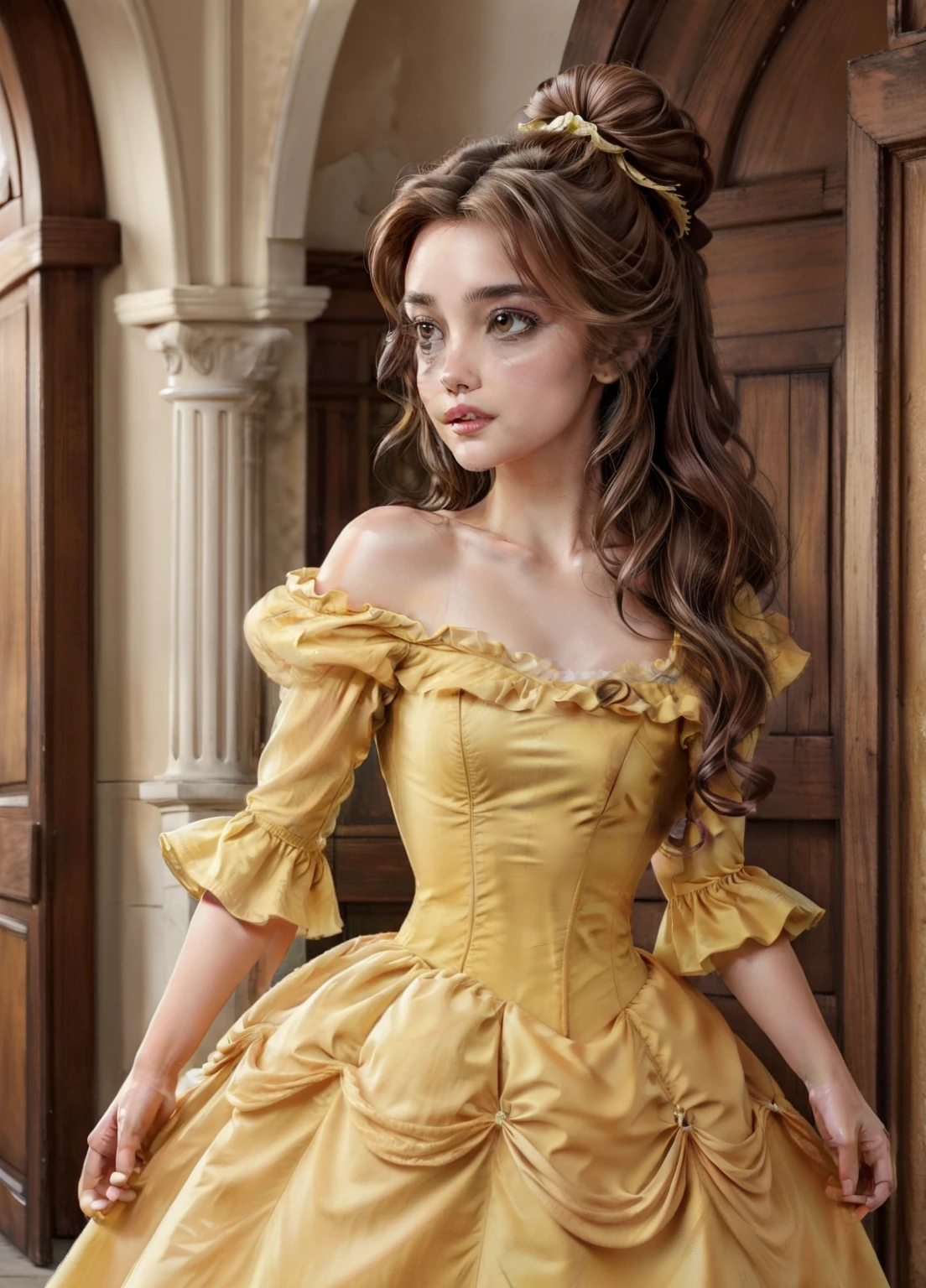 One girl, A female character with brown hair styled in a twisted bun and slightly loose curls, Fair skin, Hazel Eyes, Wearing a loose yellow ball gown with ruffle details、She wears a frilly white petticoat underneath, Princess Belle