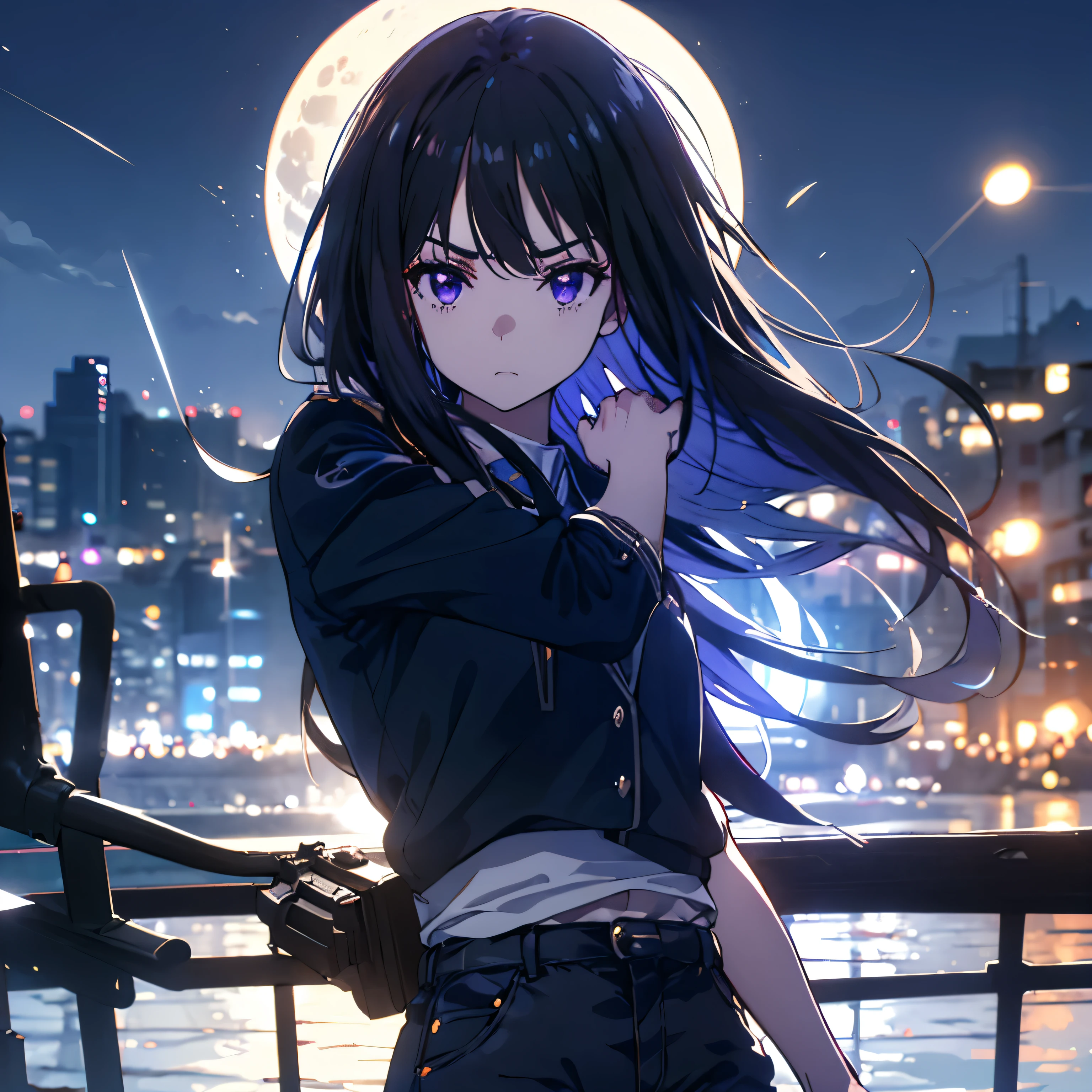 (((1 person)))、highest quality, High resolution, Very detailed, Detailed Background, Perfect lighting、Black Hair、Purple eyes、Serious face、Ready your gun?、Blue Uniform、Dark blue jeans、night、full moon