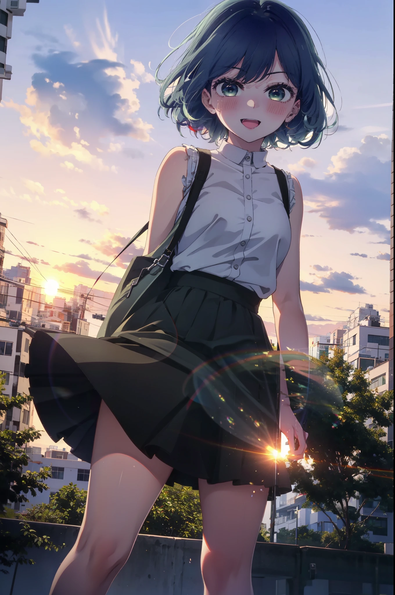 akanekurokawa, akane kurokawa, bangs, (Green Eyes:1.3), Blue Hair, Medium Hair, dark Blue Hair,smile, smile, Open your mouth,Sleeveless black dress,Bare arms,Black long skirt,Cute heeled sandals,Sunset,evening,The sun is setting,My hair is blowing in the wind,whole bodyがイラストに入るように,Looking down from above,
break outdoors, city,海岸通り
break looking at viewer, whole body,
break (masterpiece:1.2), highest quality, High resolution, unity 8k wallpaper, (shape:0.8), (Beautiful details:1.6), Highly detailed face, Perfect lighting, Extremely detailed CG, (Perfect hands, Perfect Anatomy),