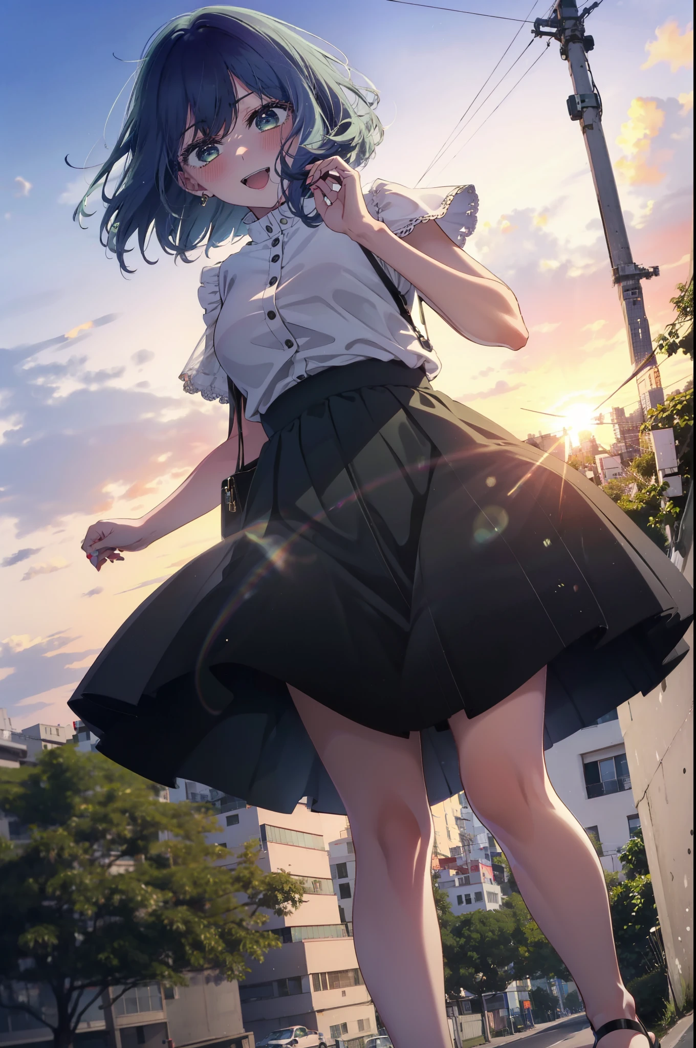 akanekurokawa, akane kurokawa, bangs, (Green Eyes:1.3), Blue Hair, Medium Hair, dark Blue Hair,smile, smile, Open your mouth,Sleeveless black dress,Bare arms,Black long skirt,Cute heeled sandals,Sunset,evening,The sun is setting,My hair is blowing in the wind,whole bodyがイラストに入るように,Looking down from above,
break outdoors, city,海岸通り
break looking at viewer, whole body,
break (masterpiece:1.2), highest quality, High resolution, unity 8k wallpaper, (shape:0.8), (Beautiful details:1.6), Highly detailed face, Perfect lighting, Extremely detailed CG, (Perfect hands, Perfect Anatomy),