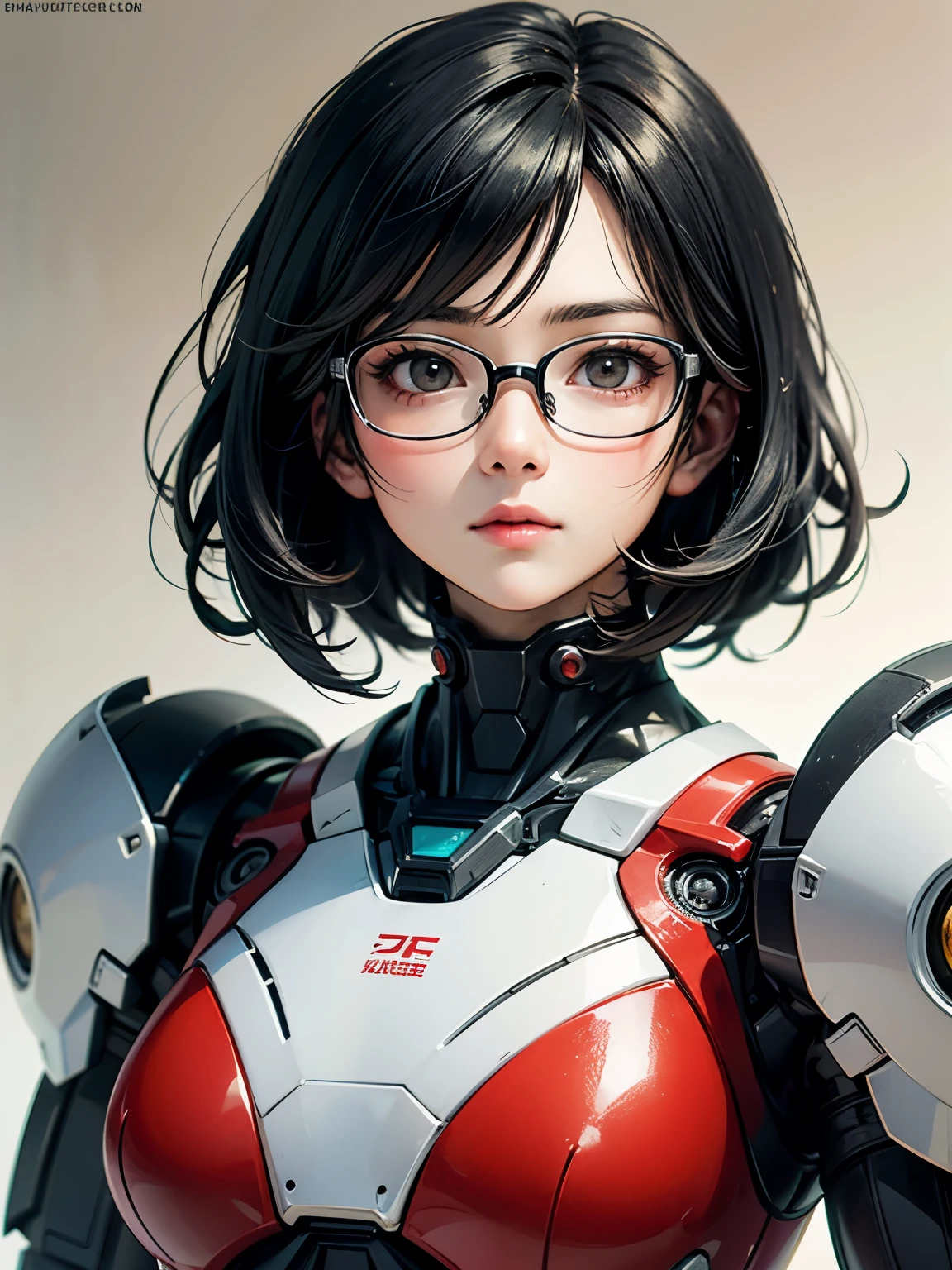 ((best quality)), ((masterpiece)), (detailed), perfect face. Black hair. Short hair. Anime girl. Asian girl. Black eyes. Glasses. Mecha.