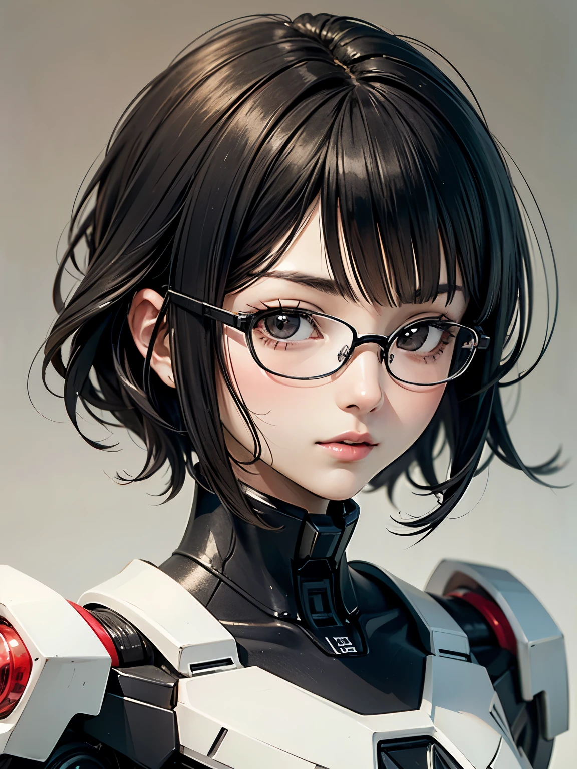 ((best quality)), ((masterpiece)), (detailed), perfect face. Black hair. Short hair. Anime girl. Asian girl. Black eyes. Glasses. Mecha.