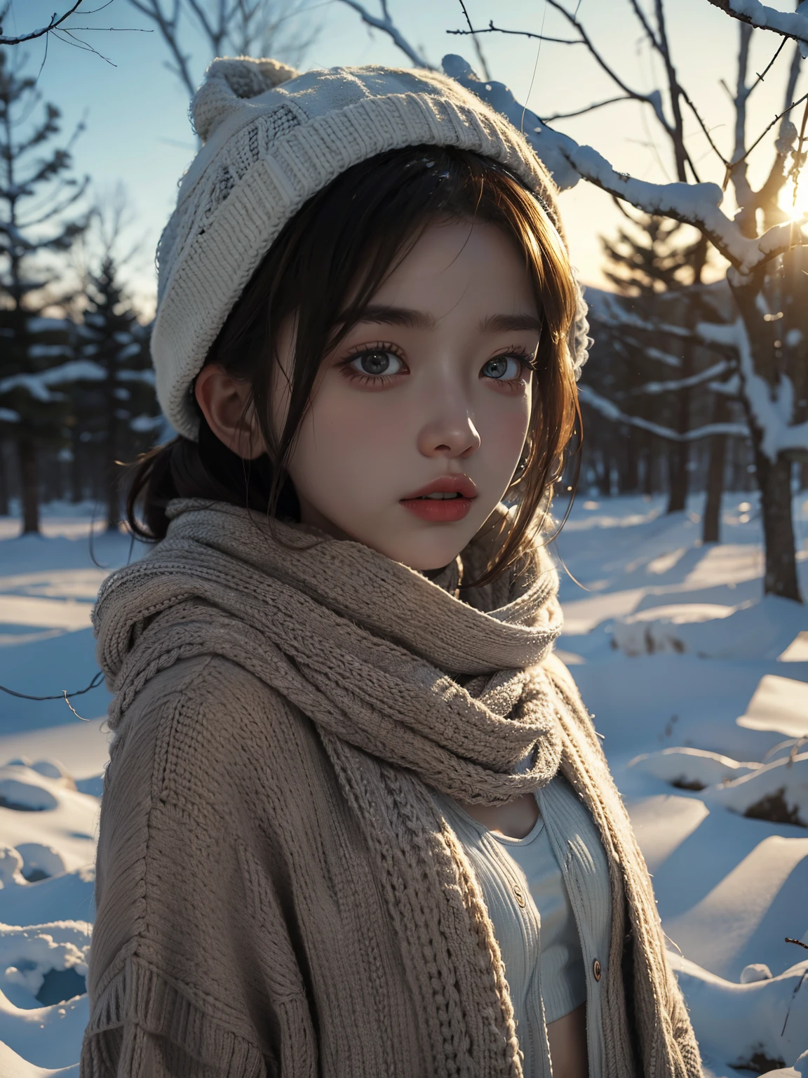 A girl in underwear and a scarf on a snowy field