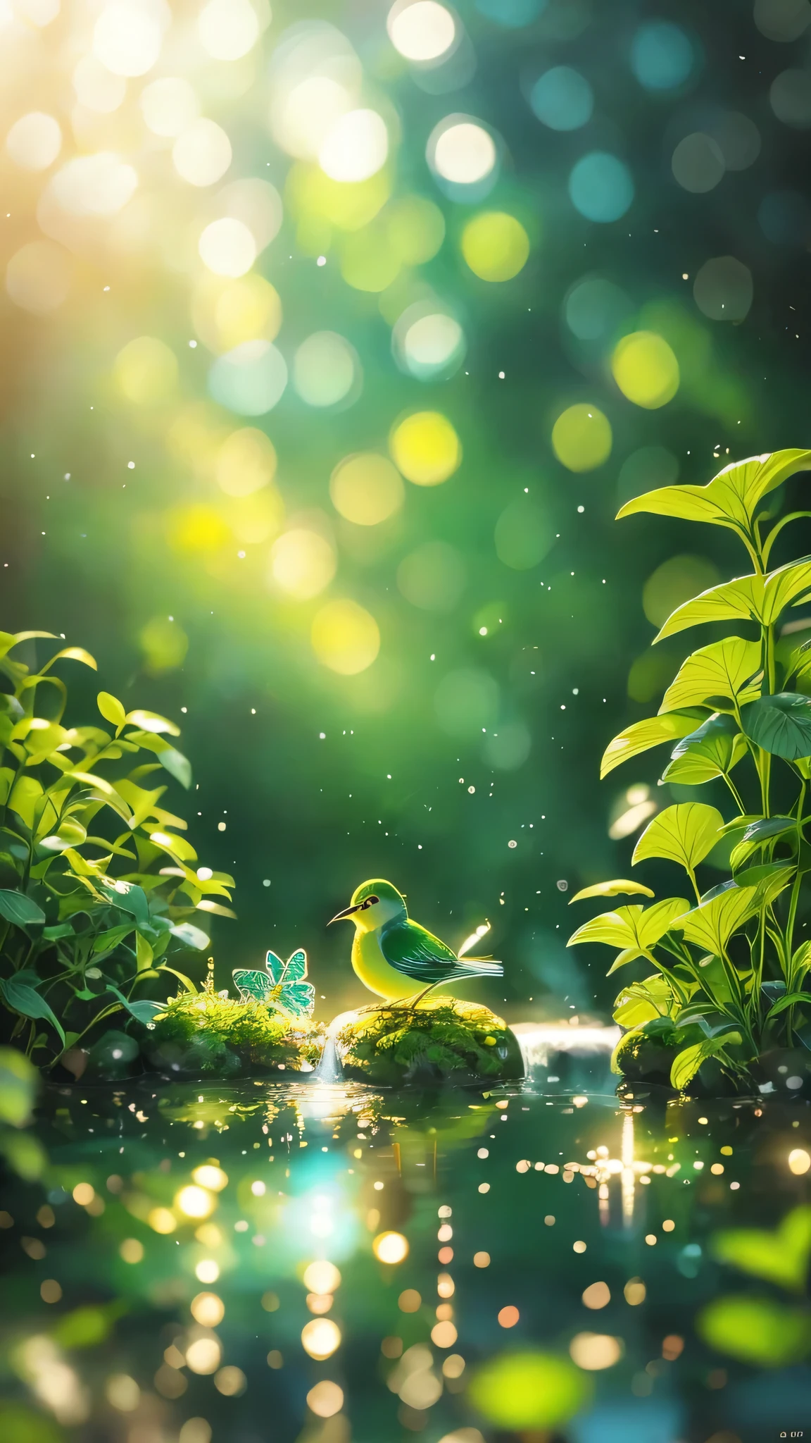 masterpiece, Macro photo of a bird drinking water in the forest, evening, mushroom, Dew Drops, High Contrast, Studio Ghibli style, Very complex, Very detailed, Photorealistic Style