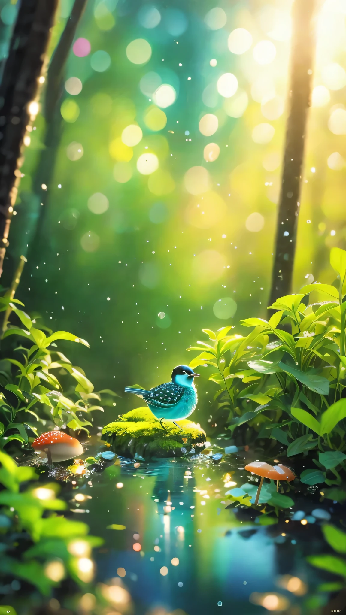 masterpiece, Macro photo of a bird drinking water in the forest, evening, mushroom, Dew Drops, High Contrast, Studio Ghibli style, Very complex, Very detailed, Photorealistic Style