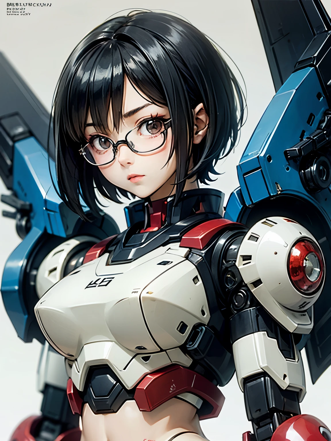 ((best quality)), ((masterpiece)), (detailed), perfect face. Black hair. Short hair. Anime girl. Asian girl. Black eyes. Glasses. Mecha. Mecha belly.