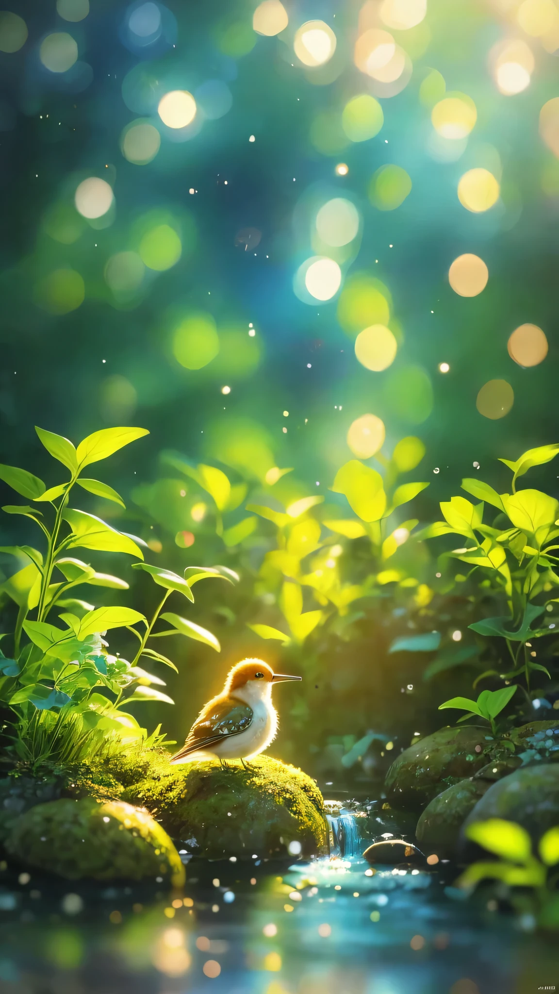 masterpiece, Macro photo of a bird drinking water in the forest, evening, mushroom, Dew Drops, High Contrast, Studio Ghibli style, Very complex, Very detailed, Photorealistic Style
