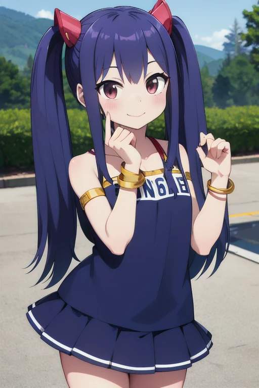 masterpiece, highest quality, High resolution, Arwendy, Long Hair, Twin tails, hair ornaments, Exposing shoulders, 
,Bracelet, bracelet, School,handstand, Cowboy Shot, smile,
