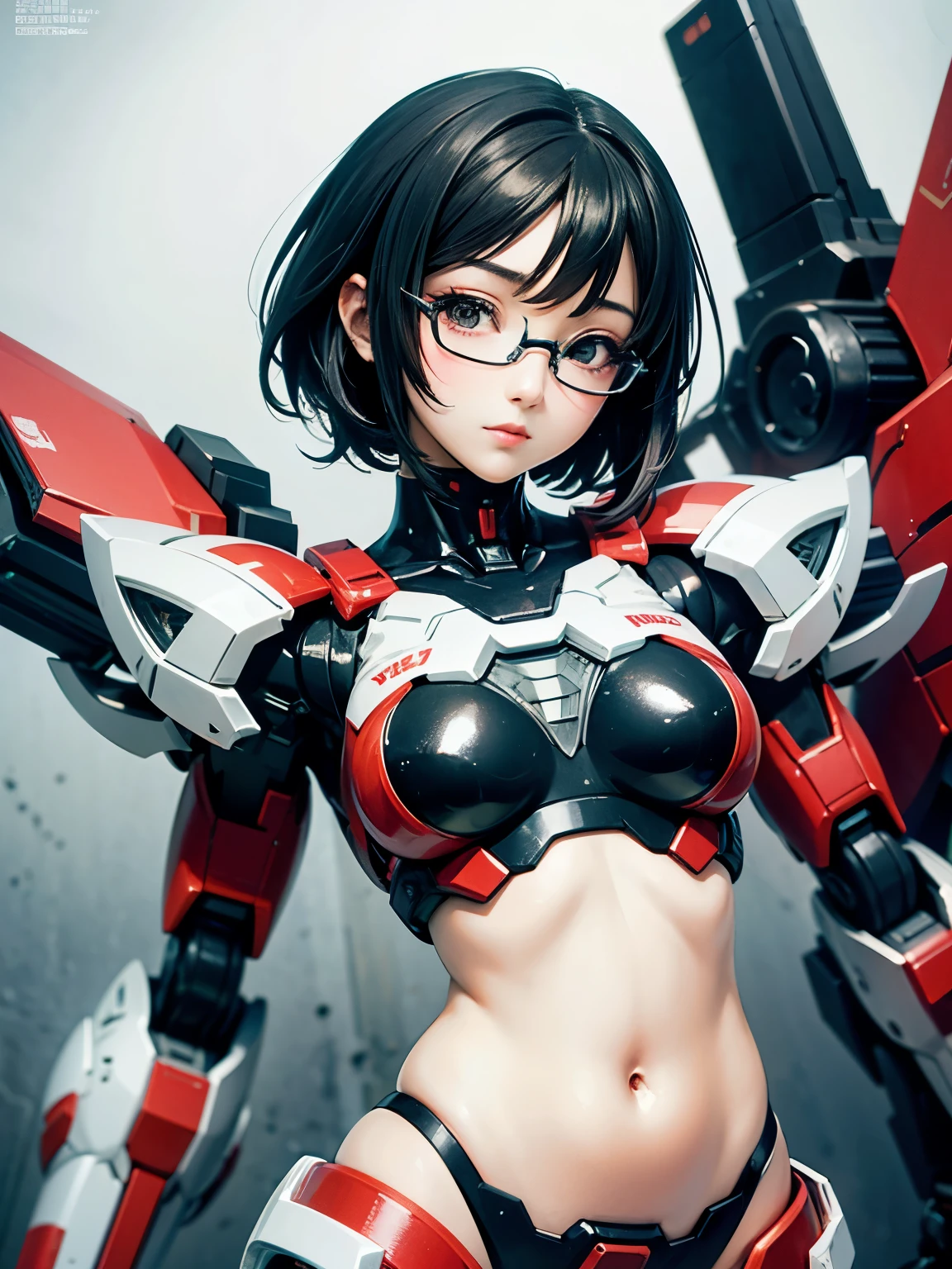 ((best quality)), ((masterpiece)), (detailed), perfect face. Black hair. Short hair. Anime girl. Asian girl. Black eyes. Glasses. Mecha. Mecha belly.