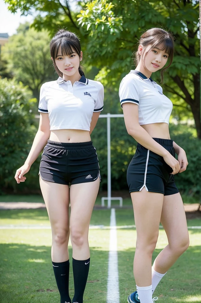 two girls standing in the park,Plain white school gym shirt with navy blue trim,Navy blue speed briefs,Red headband,White headband,18-year-old,bangs,A small smile,Thighs,knees,Straight hair with barrette,Front light, White panties visible through the skirt、Lift the hem of the skirt with both hands to reveal the panties.