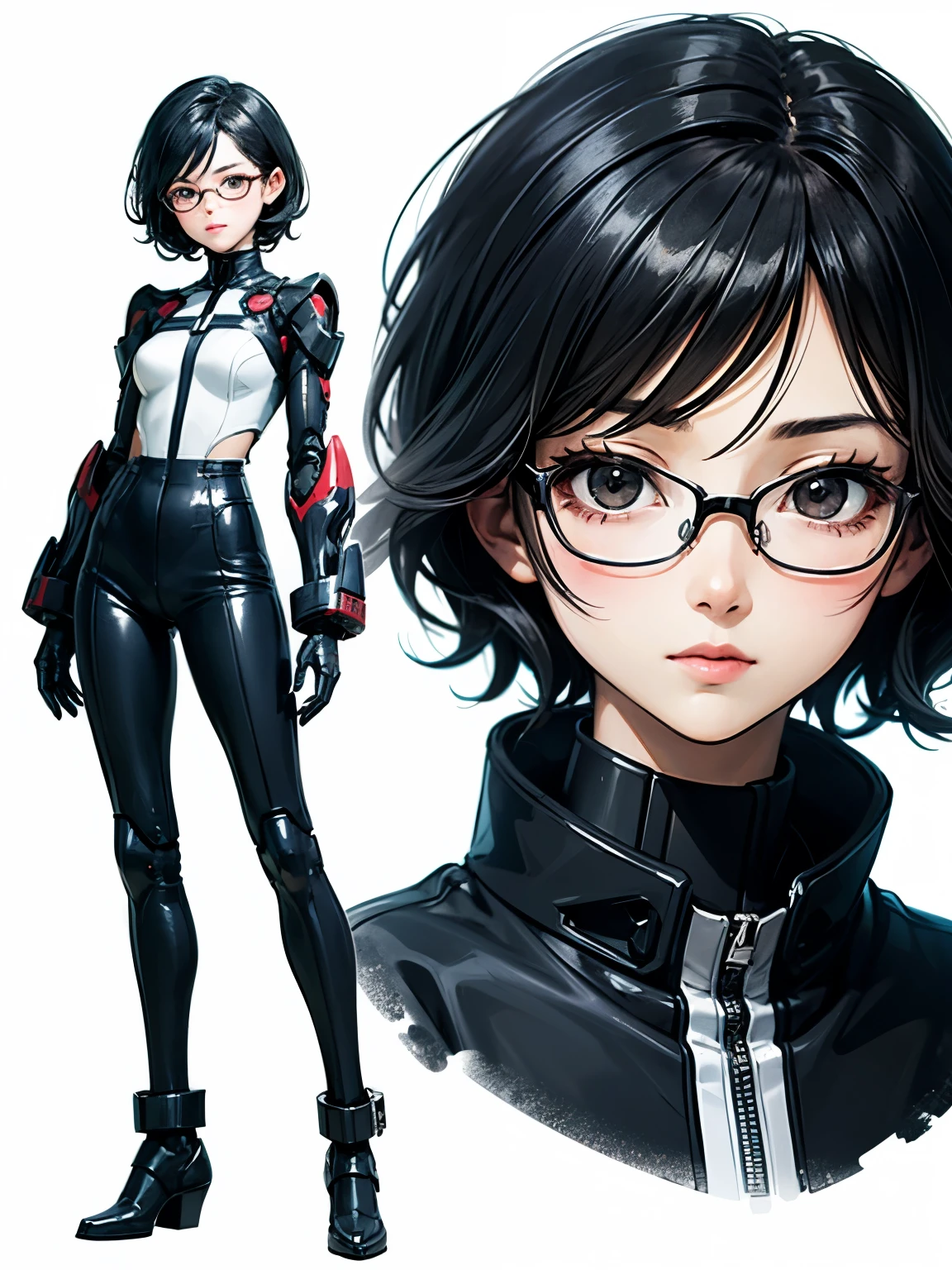 ((best quality)), ((masterpiece)), (detailed), perfect face. Black hair. Short hair. Anime girl. Asian girl. Black eyes. Glasses. Mecha. Full body.