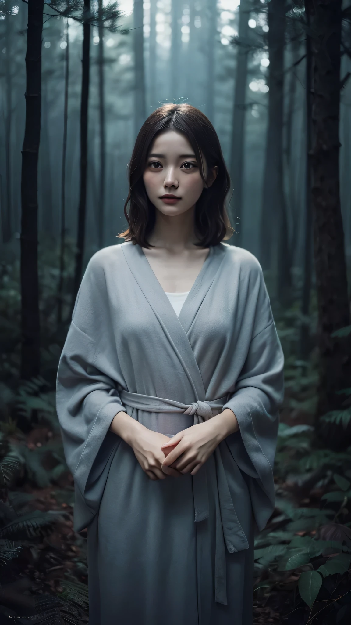 Beautiful girl in grey magical robe standing in a dark forest, Magnificent style, Octane Rendering, Desert Composition, Beautiful Face, Surreal, Oil on canvas, Award-winning, masterpiece, Trending on Art Station, Studio Ghibli,Short Bob