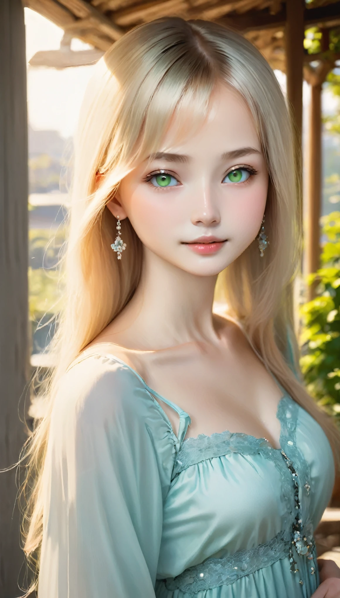 Cute 18 year old woman in Europe、Fuka Koshiba、(((Adult charm)))、(((attractive light green eyes)))、Natural look、Attractive silver hair、Beautiful Eyes、(((Perfect beauty)))、Silky ash blonde、Slender body、Attractive breasts、smooth lips、Thin eyebrows、Straight hair、Attractive and beautiful dresses、Natural light、(((No makeup)))、Cute pose、Earrings、Blurred Background、Outdoor、(((Expression of complex beauty)))、50mm lens、Captured by a professional photographer、Portraiture、Pull the photo