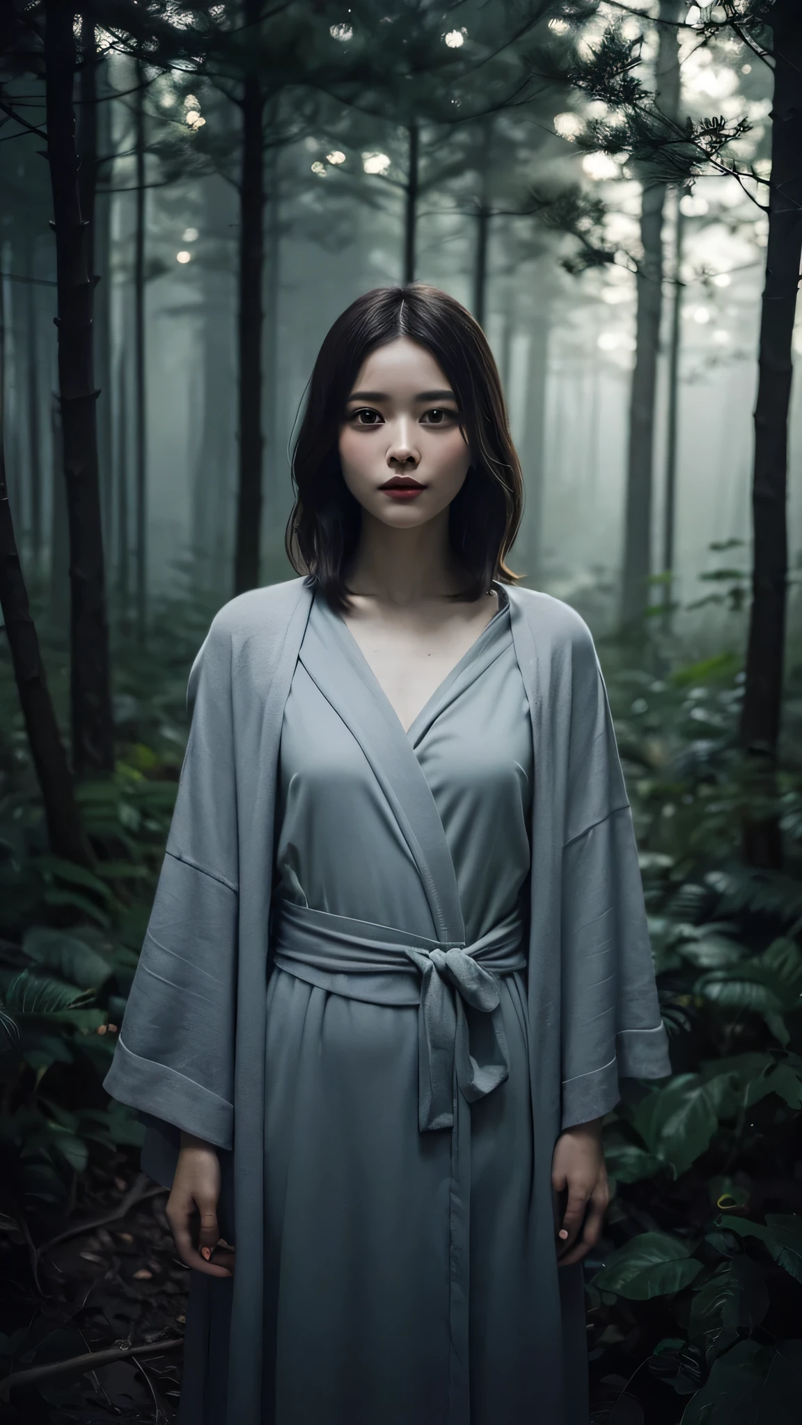 Beautiful girl in grey magical robe standing in a dark forest, Magnificent style, Octane Rendering, Desert Composition, Beautiful Face, Surreal, Oil on canvas, Award-winning, masterpiece, Trending on Art Station, Studio Ghibli,Short Bob