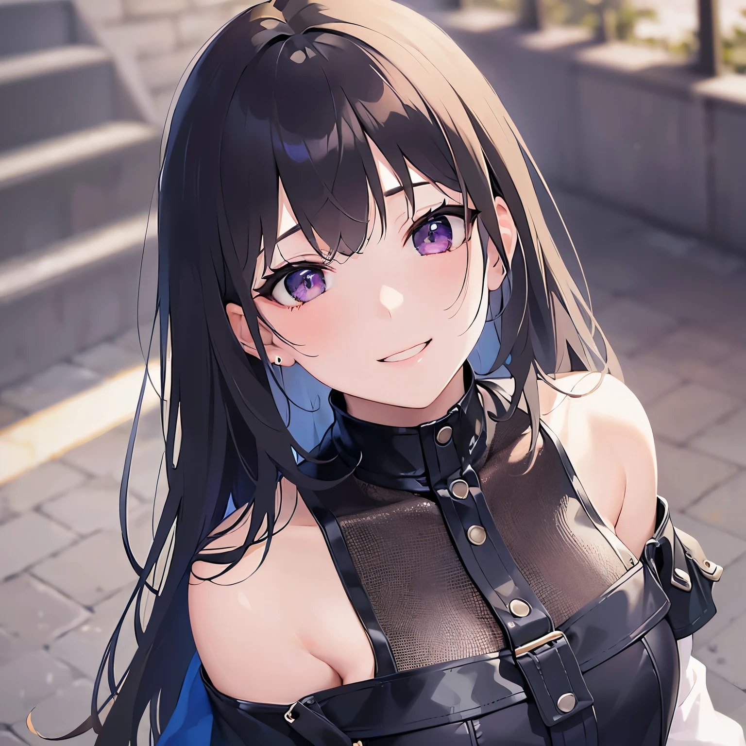 Shooting from above、looking up, Placing hand on chest, Biologically correct five fingers、upper body, Realistic, real person, (pale skin: 1.2), (RAW photo:1.5), photorealistic, shiny skin, shiny hair、(A 25-year-old woman with straight hair and bangs) and (medium hair) and (black hair) and (purple eyes), White off-shoulder blouse, (embarrassed:1.2), (smile:1.3), The background is the city、alone、Are standing