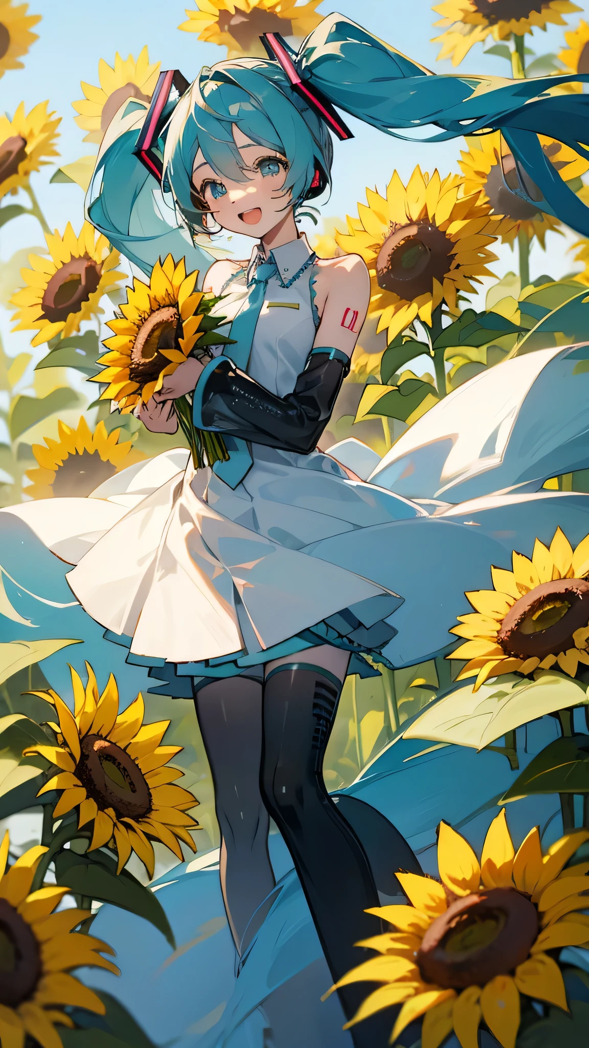 Hatsune Miku、Wearing a sheer dress、Covered with a transparent white cloth、Have a bouquet of sunflowers、Laughing happily、Surrounded by flowers