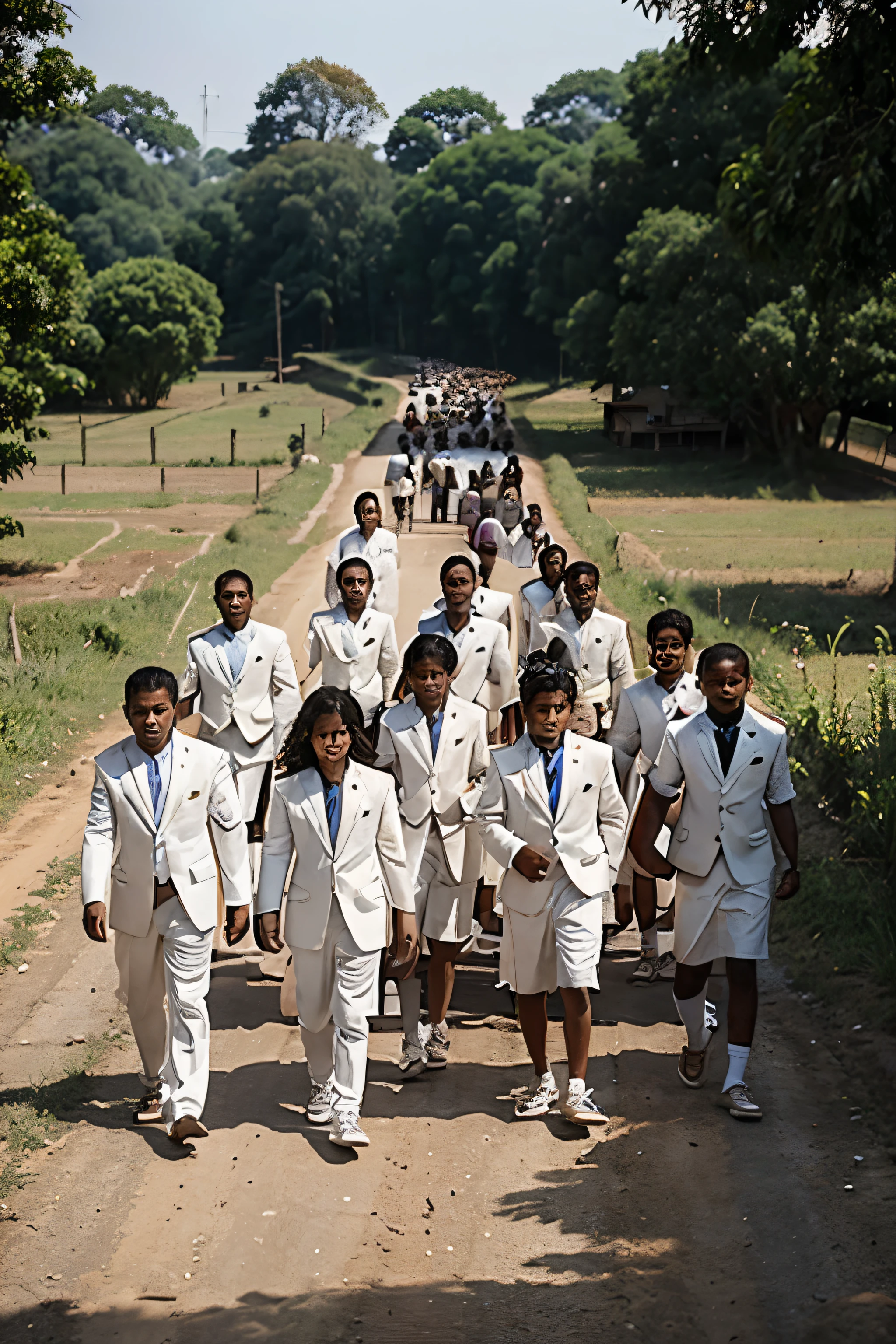 a large group of srilankan 9 school kids in rural area walking to school in he morning , girls and boys all wearing a white suit angle : upperview
