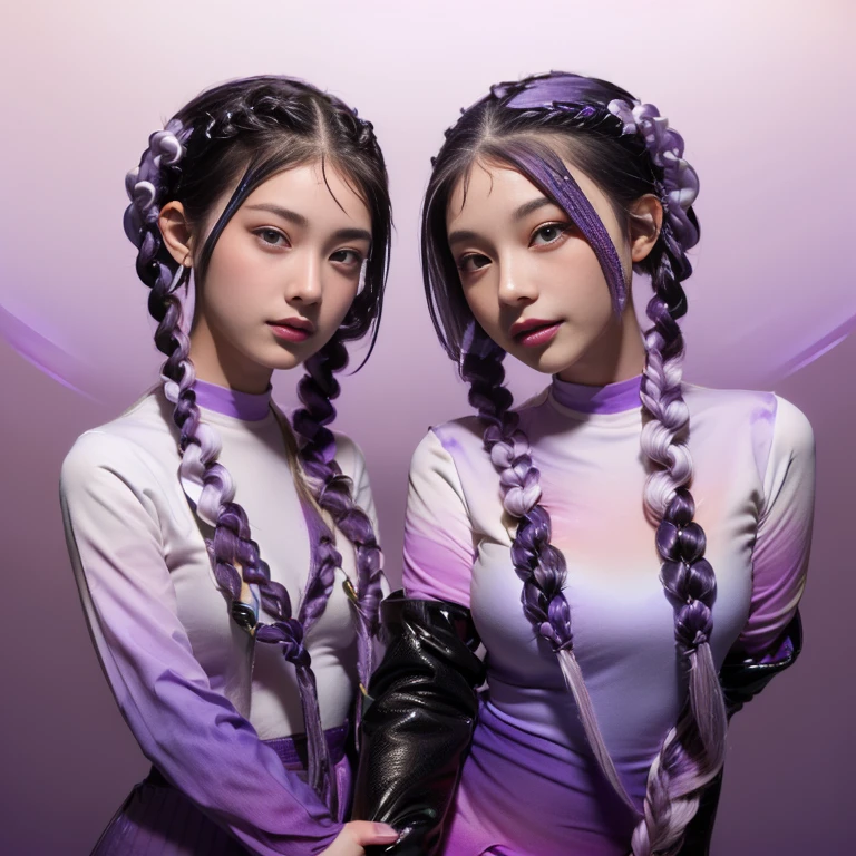 Inji、One incredibly beautiful girl、(Purple and white gradient_Her hair is flowing in twin braids as long as her height.:1.9)、Captivating large purple eyes、Big breasts、Slope_hair、Indifference、kind、smile、Black and grey cyberpunk outfit、belly button、Long gloves

