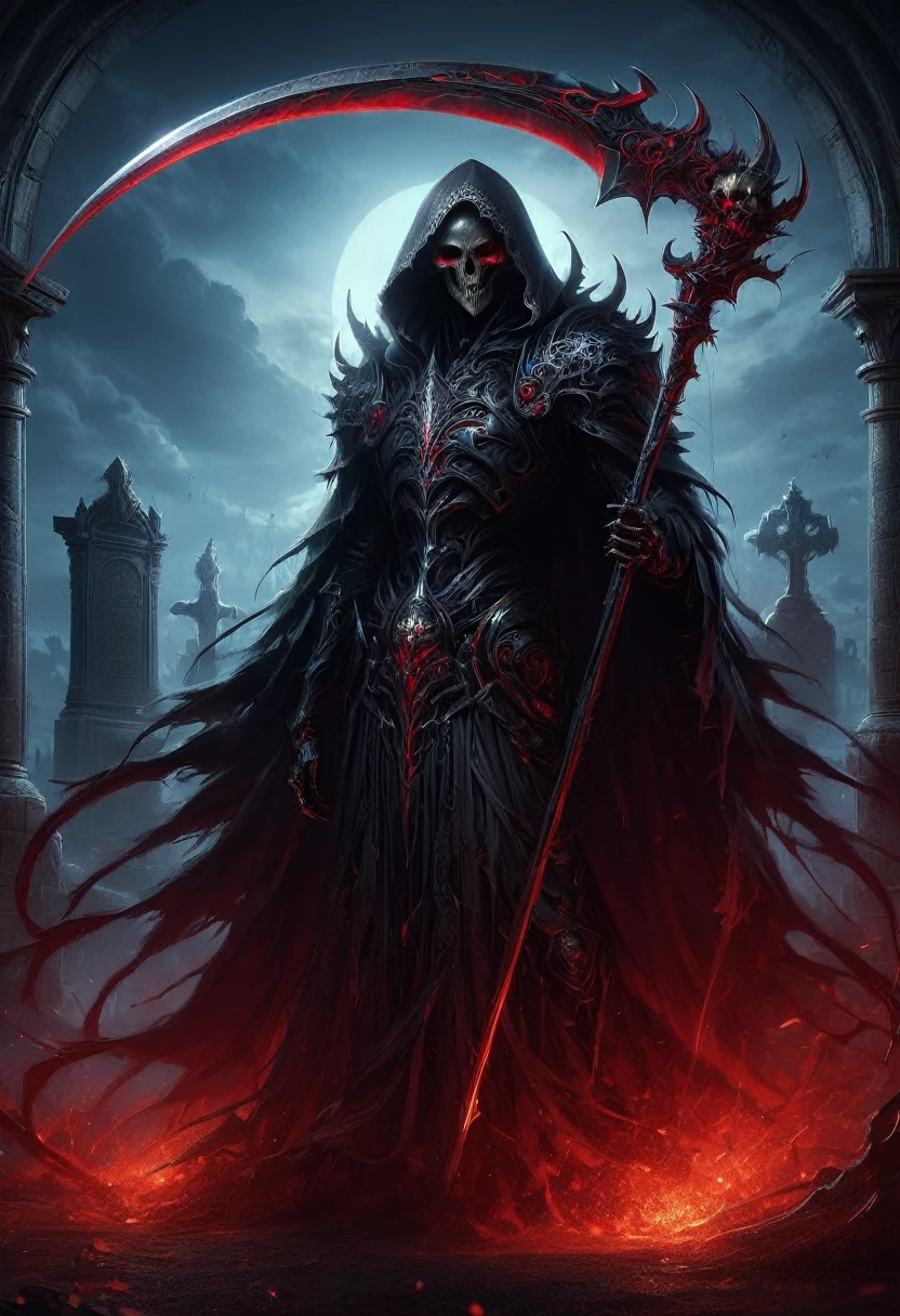 (best quality,4k,8k,highres,masterpiece:1.2),ultra-detailed,(realistic,photorealistic,photo-realistic:1.37),Black Grim Reaper,dark silhouette,cloaked figure,rustling black robes,long scythe,glowing red eyes,ominous presence,hovering darkness,dark ethereal figure,nightmarish specter,sinister aura,harbinger of death,eerie atmosphere,mysterious entity,shadows enveloping,haunting visage,menacing expression,skull-like face,otherworldly being,terrifying figure,reaping souls,glimpse of the afterlife,dreadful embodiment,ominous rituals,desolate cemetery,grim and somber,ominous moonlit night,darkened sky,thick fog,ominous whispers,lurking in shadows,eternal darkness,bone-chilling encounter,death's cold grip,intense and brooding,ominous catalyst,ominous cloak of despair,evil personified,intertwined with shadows,impending doom,abyssal realm,shivering in fear,eternal slumber. Scythe