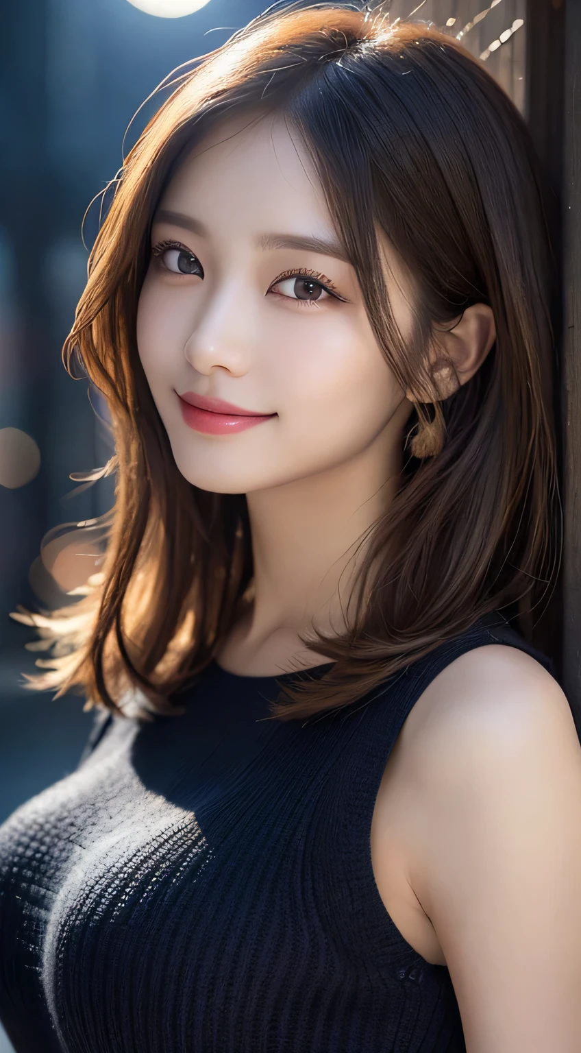 Body portrait, 8K, thin and beautiful eyes, Dindal effect, masterpiece, top quality, high quality, high resolution, very detailed photo, (natural skin texture, fine skin, hyper realism, super sharpness), high detail skin, (very fine, fine skin texture, intricate details, beautiful face, (realistic face), realistic eyes, beautifully detailed eyes, realistic skin, beautiful skin, surreal, very detailed Golden ratio, smiling eyes, ((night moonlight background) )), body portrait, G cup, big breasts, huge breasts, big breasts, glamorous, sexy knit dress,