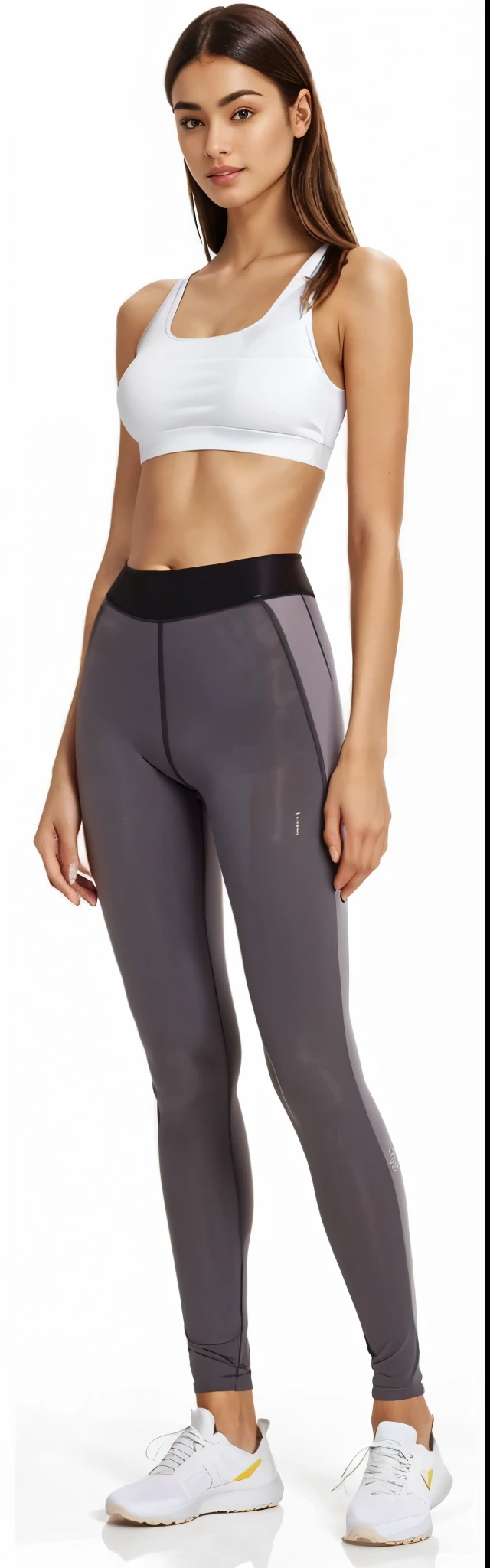 a woman in a white top and grey perneiras, perneiras, perneiras, two piece workout clothes, por Gabriel Ba, perto de um magro, metallic neoprene woman, roupas esportivas, foto detalhada, pele firme, parte superior e inferior do corpo, pants, physicist : a menor barriga de todos os tempos, Corte Yoga Curto, pantyhose skin, ajustar, tonificado