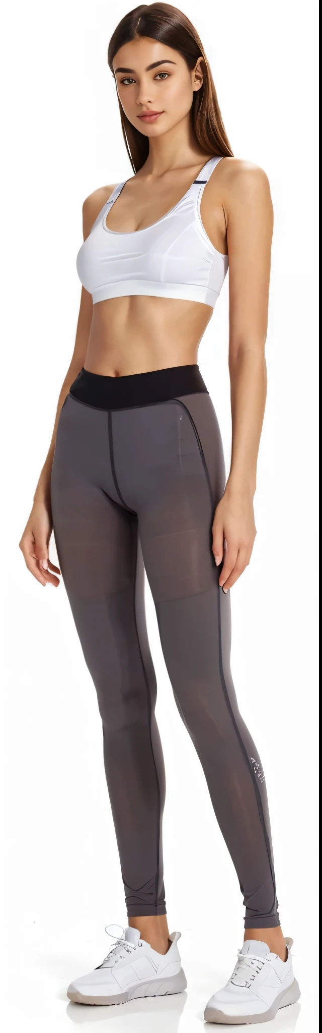 a woman in a white top and grey perneiras, perneiras, perneiras, two piece workout clothes, por Gabriel Ba, perto de um magro, metallic neoprene woman, roupas esportivas, foto detalhada, pele firme, parte superior e inferior do corpo, pants, physicist : a menor barriga de todos os tempos, Corte Yoga Curto, pantyhose skin, ajustar, tonificado