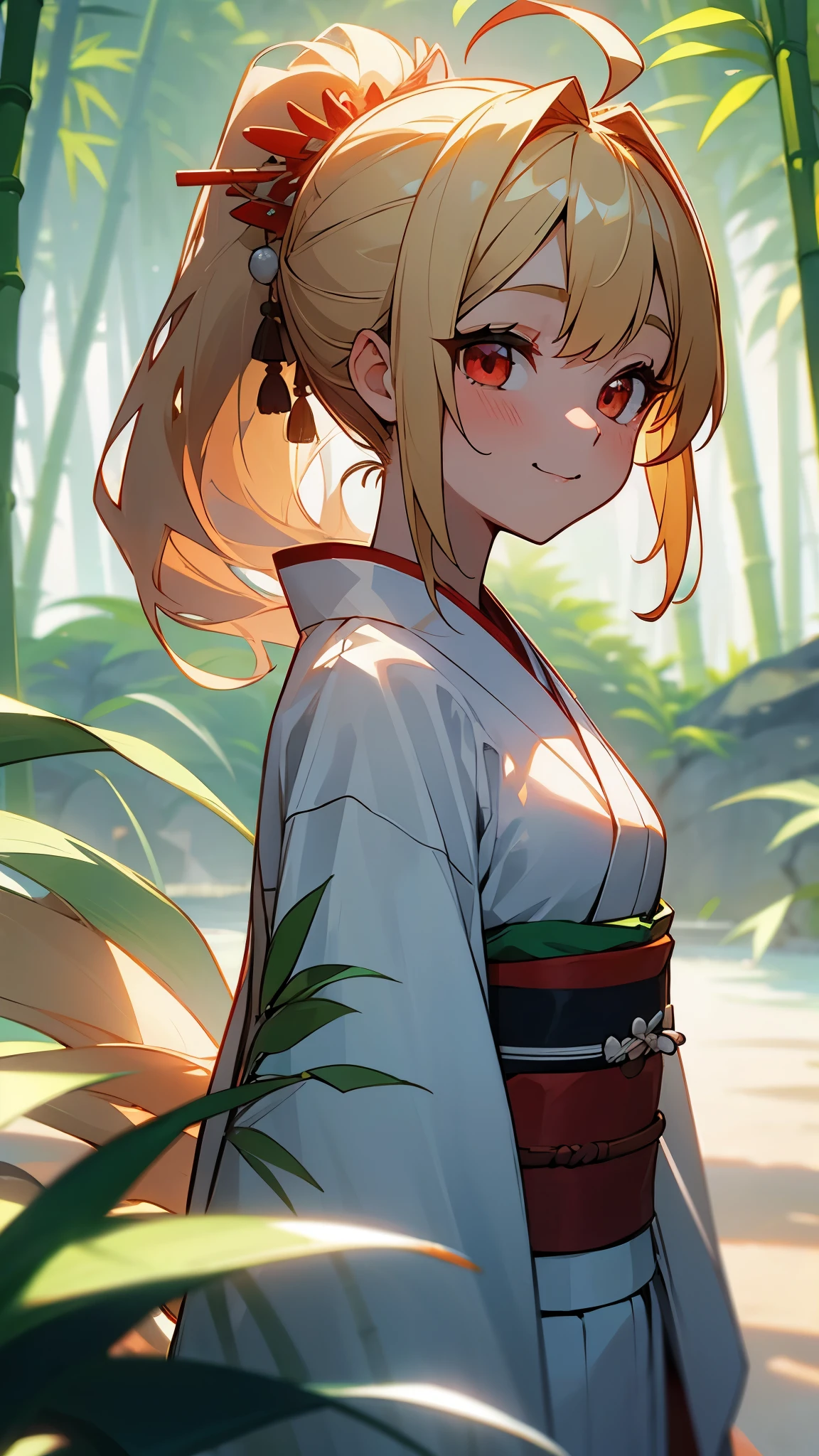 highest quality、One Girl、Blonde ponytail、Ahoge、Beautiful red eyes、smile、Blurred Background、斑点模様のsunlight、flower、From the side、髪のflower、hair ornaments、kimono、Bamboo Leaves、Bamboo Leaves、Outdoor、 alone、sunlight、Upper Body