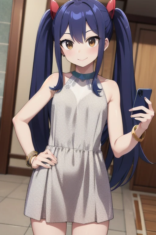 masterpiece, highest quality, High resolution, Arwendy, Long Hair, Twin tails, hair ornaments, Exposing shoulders,
suit,Bracelet, bracelet, at home,holding a phone, Cowboy Shot, smile,