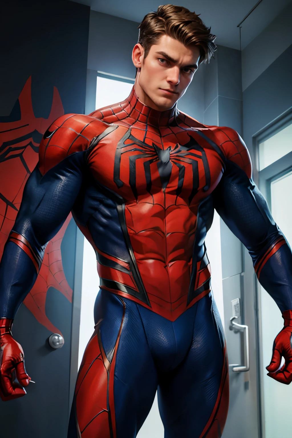Spider Man suit, body suit, 1boy, Broad shoulders, Tight muscles, handsome,
