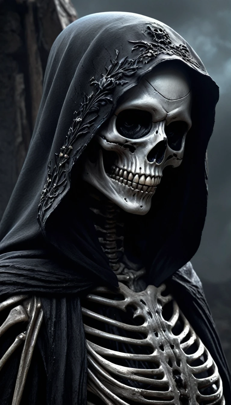 (realistic), (dark fantasy), Horror, dark and doomy, post-apocaliptic world, beautiful but scary womans skeleton as dark and moody black grim reaper, detailed, detailed face of reaper, detailed, digital-painting,