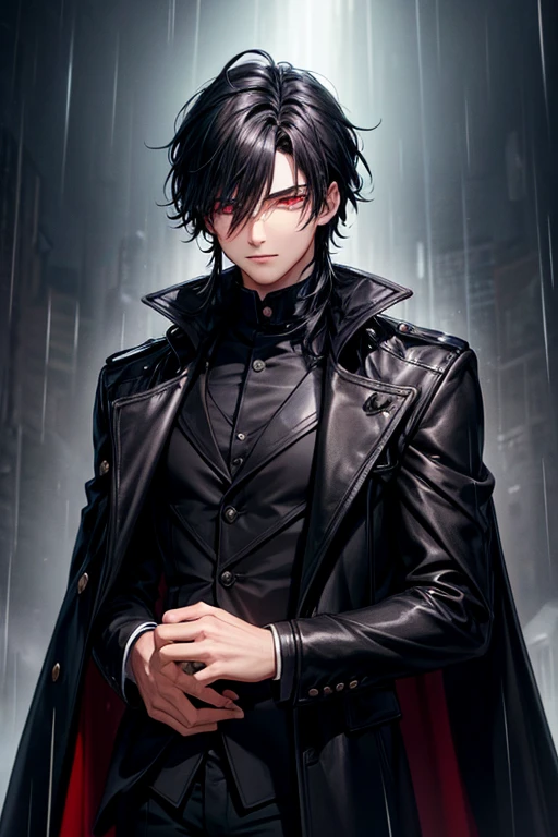 A young man wearing a long black jacket, his hair is black, and his eyes are red at night and during the rain