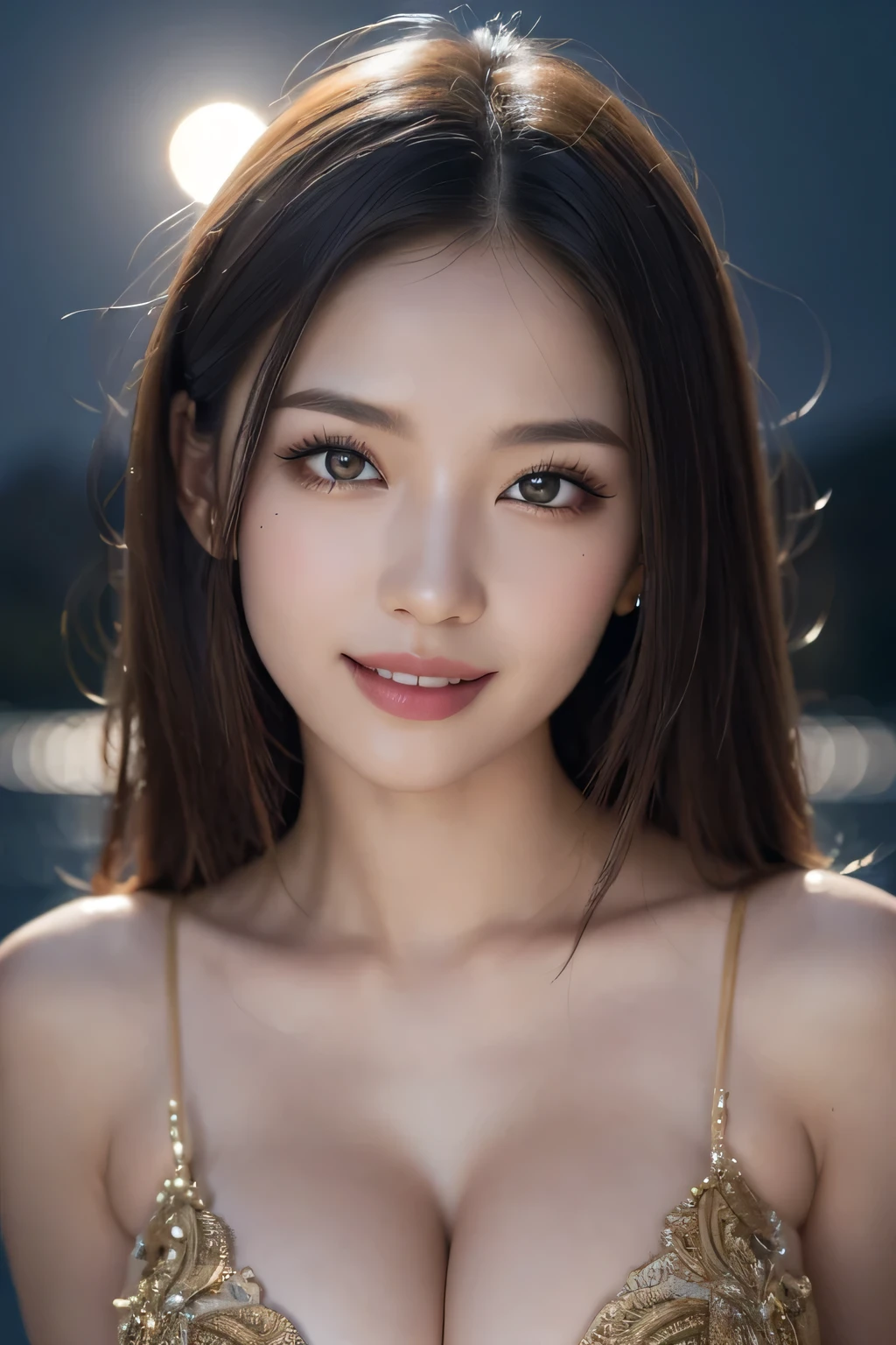 Body portrait, 8K, thin and beautiful eyes, Dindal effect, masterpiece, top quality, high quality, high resolution, very detailed photo, (natural skin texture, fine skin, hyper realism, super sharpness), high detail skin, (very fine, fine skin texture, intricate details, beautiful face, (realistic face), realistic eyes, beautifully detailed eyes, realistic skin, beautiful skin, surreal, very detailed Golden ratio, smiling eyes, ((night moonlight background) )), body portrait, G cup, big breasts, huge breasts, big breasts, glamorous, sexy knit dress,