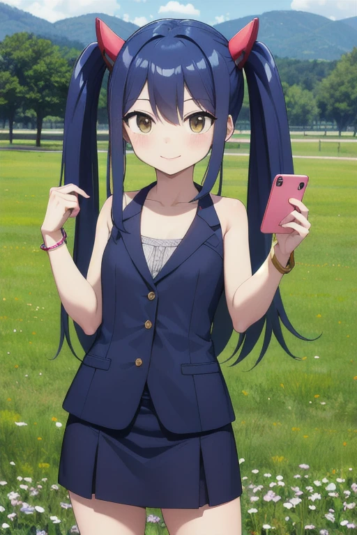 masterpiece, highest quality, High resolution, Arwendy, Long Hair, Twin tails, hair ornaments, Exposing shoulders,
suit,Bracelet, bracelet, field,holding a phone, Cowboy Shot, smile,