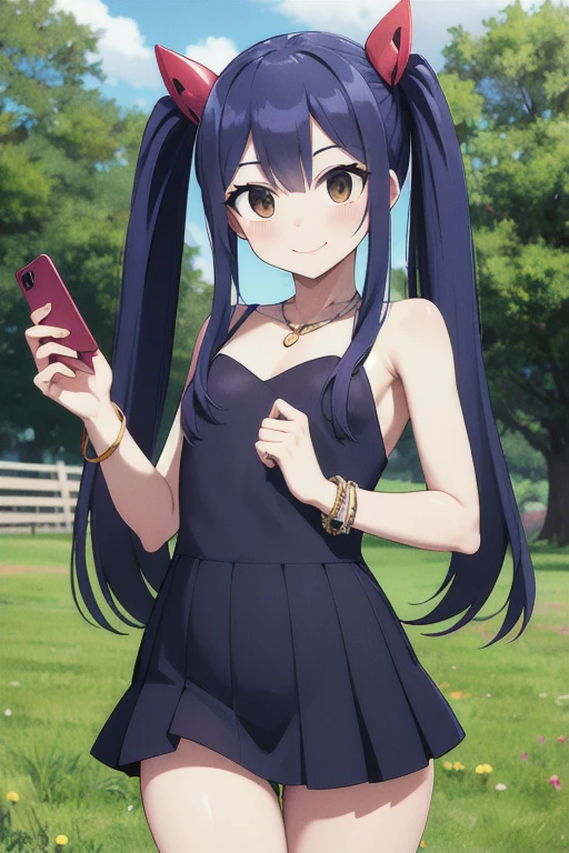 masterpiece, highest quality, High resolution, Arwendy, Long Hair, Twin tails, hair ornaments, Exposing shoulders, 
suit,Bracelet, bracelet, field,holding a phone, Cowboy Shot, smile,

