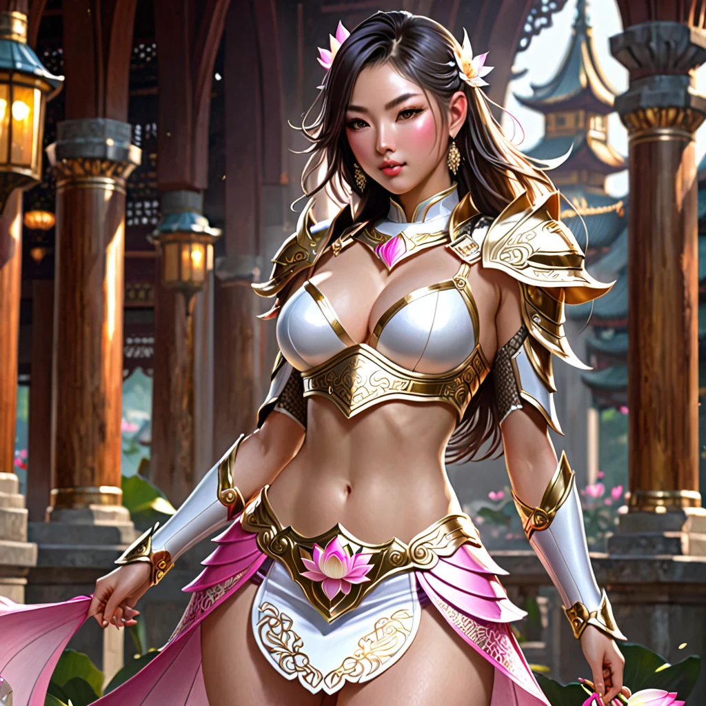 a sexy topless woman in a white gold and pink lotus lace armor skirt, chengwei pan on artstation, by Yang J, detailed fantasy art, stunning character art, fanart best artstation, epic exquisite character art, beautiful armor, extremely detailed artgerm, detailed digital anime art, artgerm on artstation pixiv, armor girl, cleavage big breasts:1.2, (mini skirt:1,5)