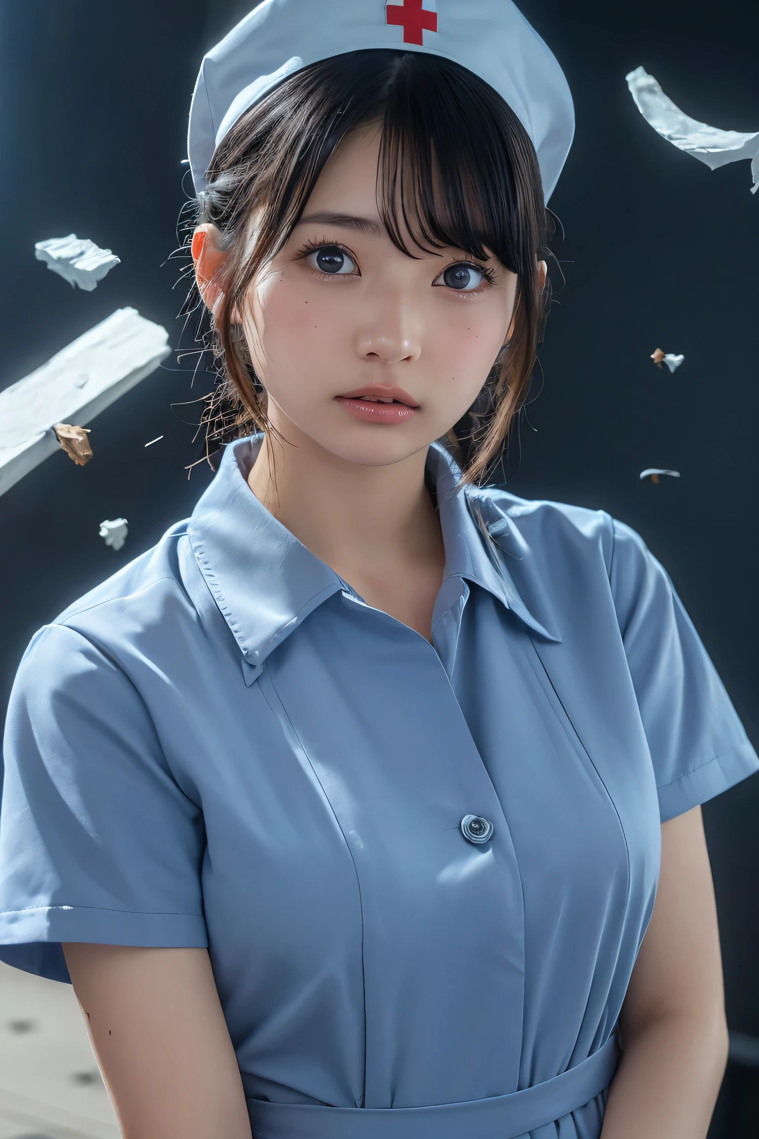 ((highest quality, 8k, Flying debris: 1.3)), beauty, Japanese Girls, nurse, whole body, Perfect Anatomy, Are standing, Black Hair, Blunt bangs, Down ponytail, 20-year-old, Face Focus, Detailed face, Highly detailed lips, Fine Eyes, Sweaty skin: 1.2, nurse uniform, Light blue dress, nurse cap,