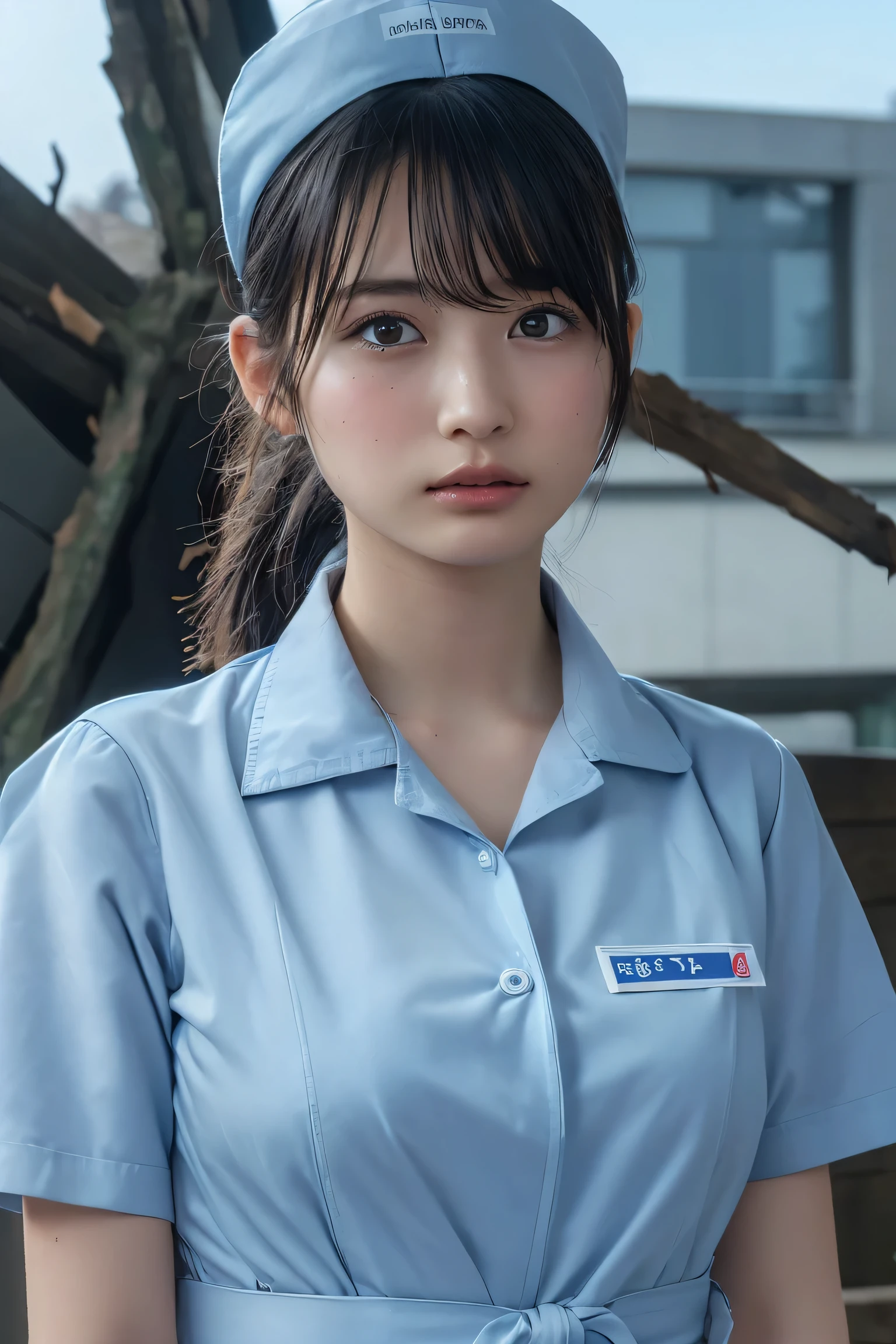 ((highest quality, 8k, Flying debris: 1.3)), beauty, Japanese Girls, nurse, whole body, Perfect Anatomy, Are standing, Black Hair, Blunt bangs, Down ponytail, 20-year-old, Face Focus, Detailed face, Highly detailed lips, Fine Eyes, Sweaty skin: 1.2, nurse uniform, Light blue dress, nurse cap,