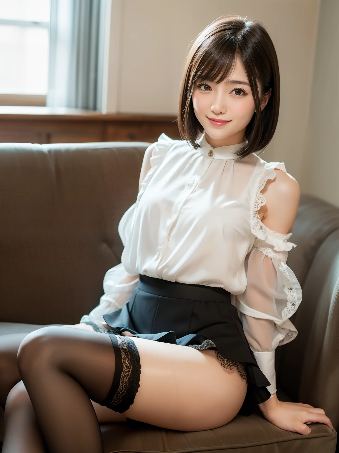 (highest quality:1.5), (Real:1.5), (1 person:1.5), Low-angle composition, (Very detailed), (High resolution), 8k, Small breasts, Natural color lip, Cute smile, Japanese women, 20 year old girl, Thin eyebrows, Beautiful and elegant face, Cute face, Cute eyes, Large, balanced eyes, Big Eyes, Fair skin, Beautiful and elegant face, Natural Bangs, Beautiful and thin nose, Beautiful Skin, Medium Bob Hair, Natural Bangs, Perfect and beautiful facial features, Slim face and figure, (With a cute expression), (Bright lighting), Professional Lighting, (Lighting from the front), Adorable smile, cute, Beautiful shoulders, (Wear a see-through blouse as an outerwear), (Wear a bra with lace underneath), (Wear a micro mini skirt with ruffles), (Wearing garter belts and knee-high lace stockings), Beautiful thighs, sit on the sofa in the living room, lace lingerie, from below,