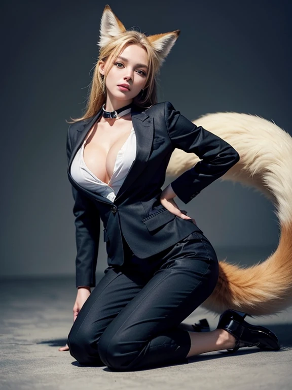 ((highest quality, 32k)), ((masterpiece)), (Familiar), Perfect Face, vixen, Pretty girl, Company Office, Has a tail, She has a northern fox tail., She stands up her fluffy tail, Dog collar, Beautiful hip line, Big Breasts, She wears a business suit, A big tail sticks out, Troubled face, Climb on all fours, Nice body