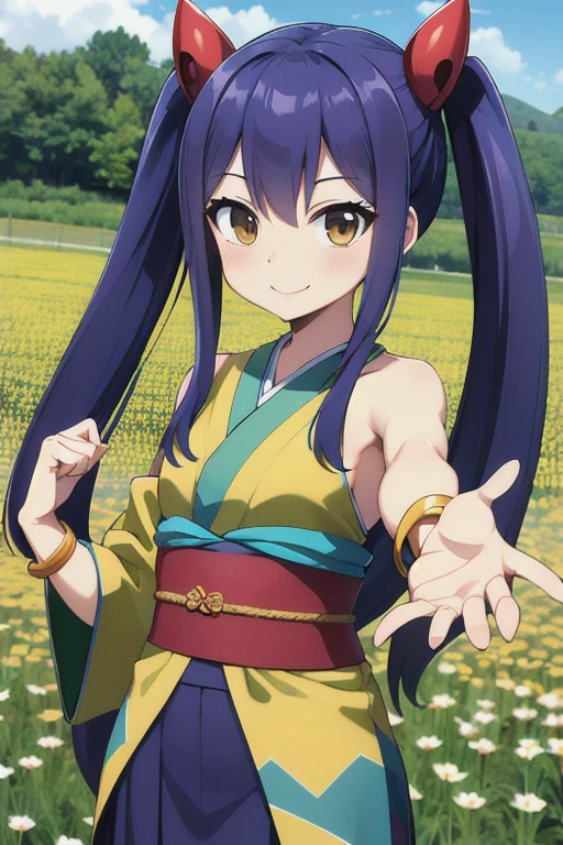 masterpiece, highest quality, High resolution, Arwendy, Long Hair, Twin tails, hair ornaments, Exposing shoulders,
kimono,Bracelet, bracelet, field,dynamic pose, Cowboy Shot, smile,