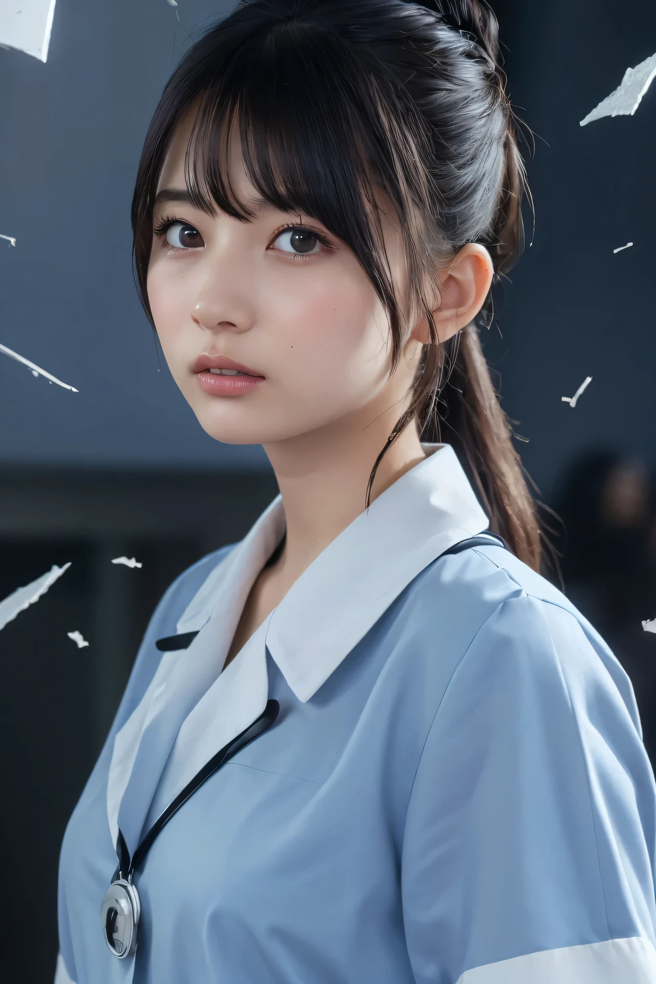 ((highest quality, 8k, Flying debris: 1.3)), beauty, Japanese Girls, nurse, whole body, Perfect Anatomy, Are standing, Black Hair, Blunt bangs, Down ponytail, 20-year-old, Face Focus, Detailed face, Highly detailed lips, Fine Eyes, Sweaty skin: 1.2, nurse uniform, Light blue dress, nurse cap,