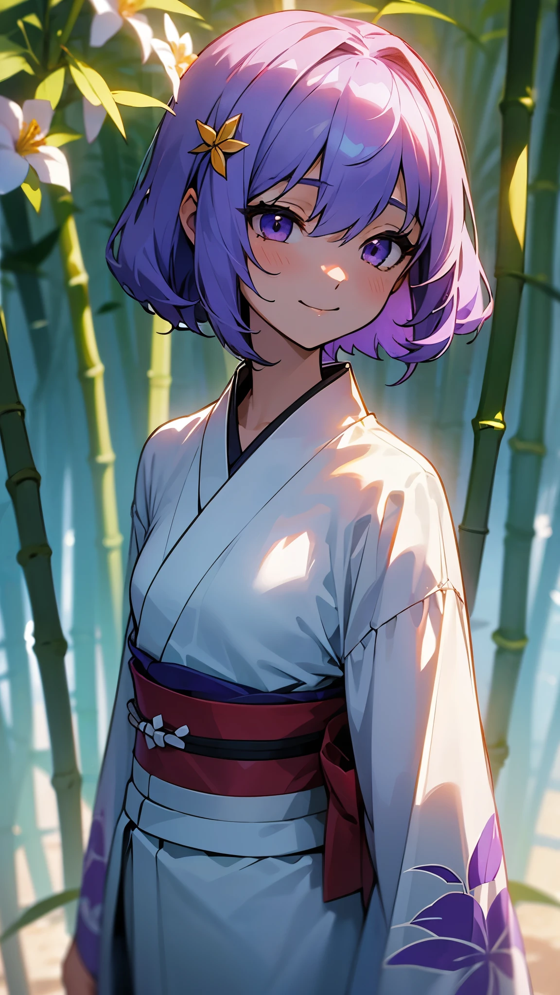 highest quality、One Girl、Yuitsuki Yukari、18-year-old、Small breasts、Slim figure、Light purple hair、short hair、Hair between the eyes、smile、Blurred Background、斑点模様のsunlight、flower、髪のflower、hair ornaments、kimono、Bamboo Leaves、Bamboo Leaves、Outdoor、 alone、sunlight、Upper Body